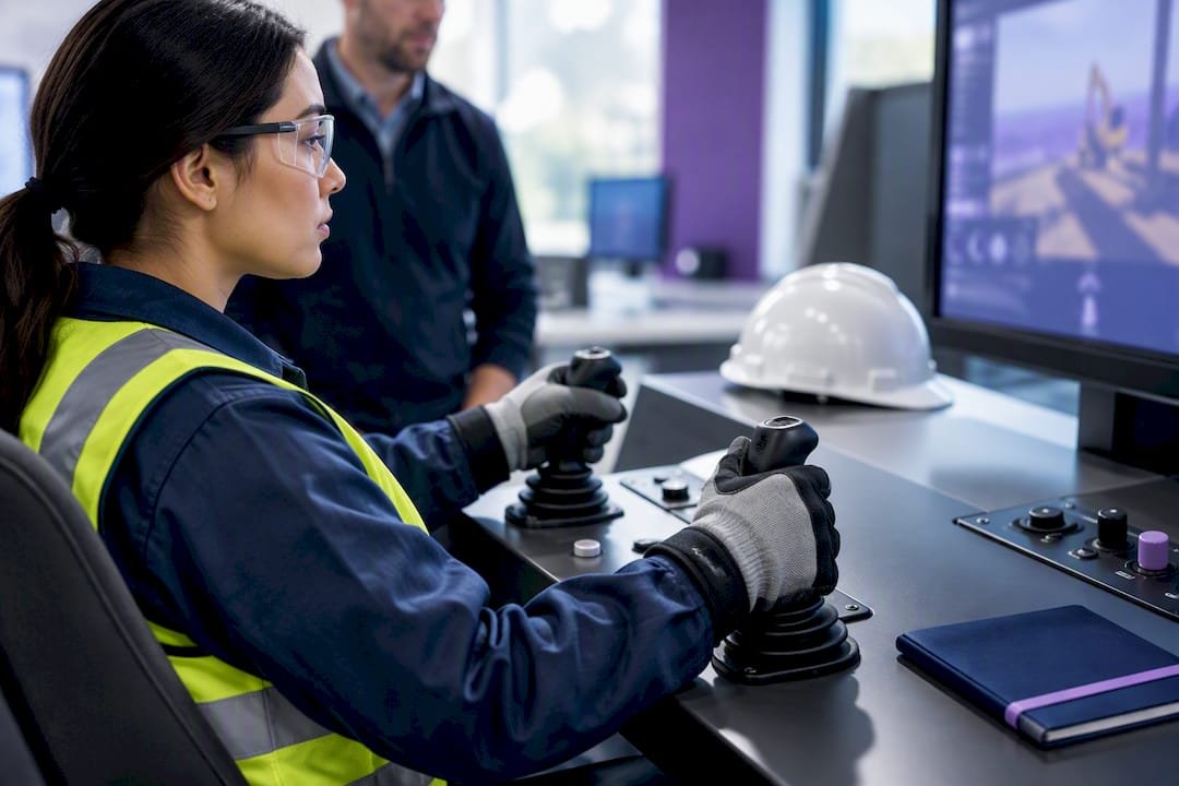 Trainee operating a construction simulator