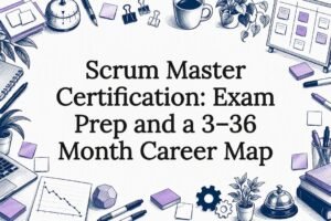 Scrum certification title card with sketched agile tools