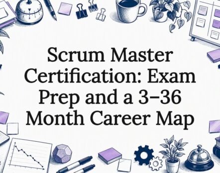 Scrum certification title card with sketched agile tools