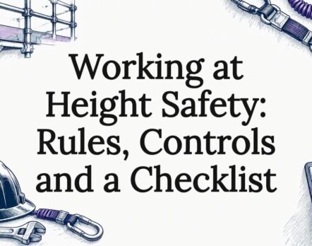 Sketch of height safety equipment framing the title