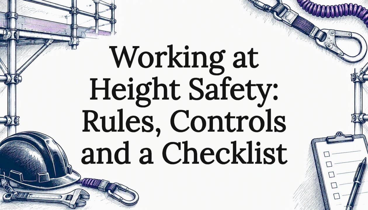 Sketch of height safety equipment framing the title