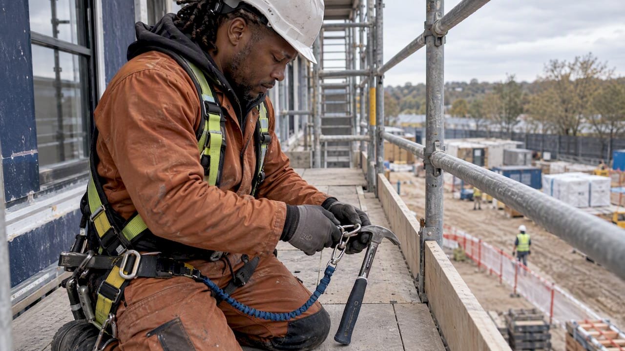 Worker securing a tool on a guarded scaffold